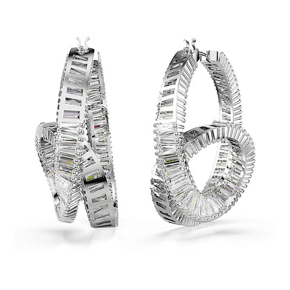 Pendientes de aro Matrix, Talla baguette, Cinta, Blancos, Baño de rodio
