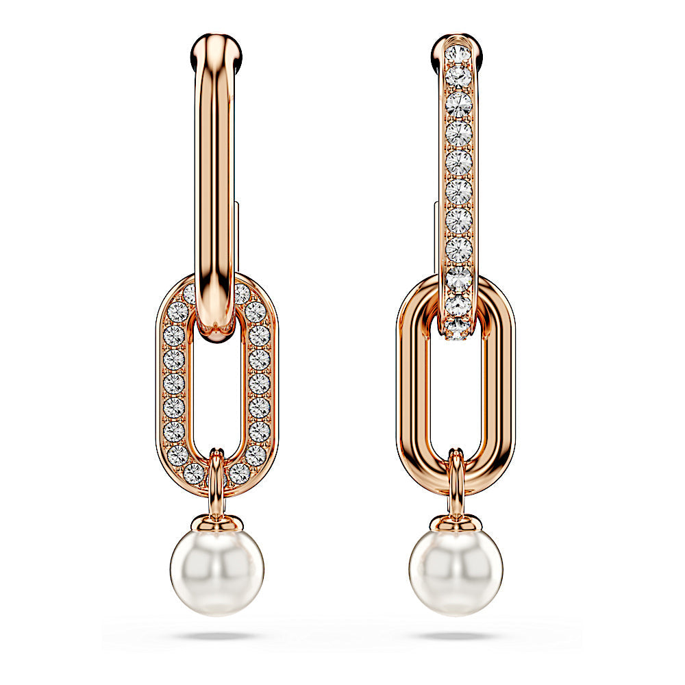 Pendientes Constella, Perla de cristal, Talla redonda, Blancos, Baño tono oro rosa