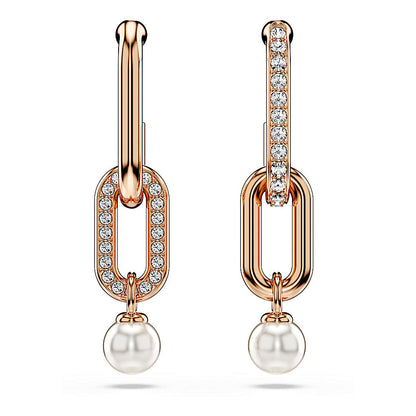 Pendientes Constella, Perla de cristal, Talla redonda, Blancos, Baño tono oro rosa