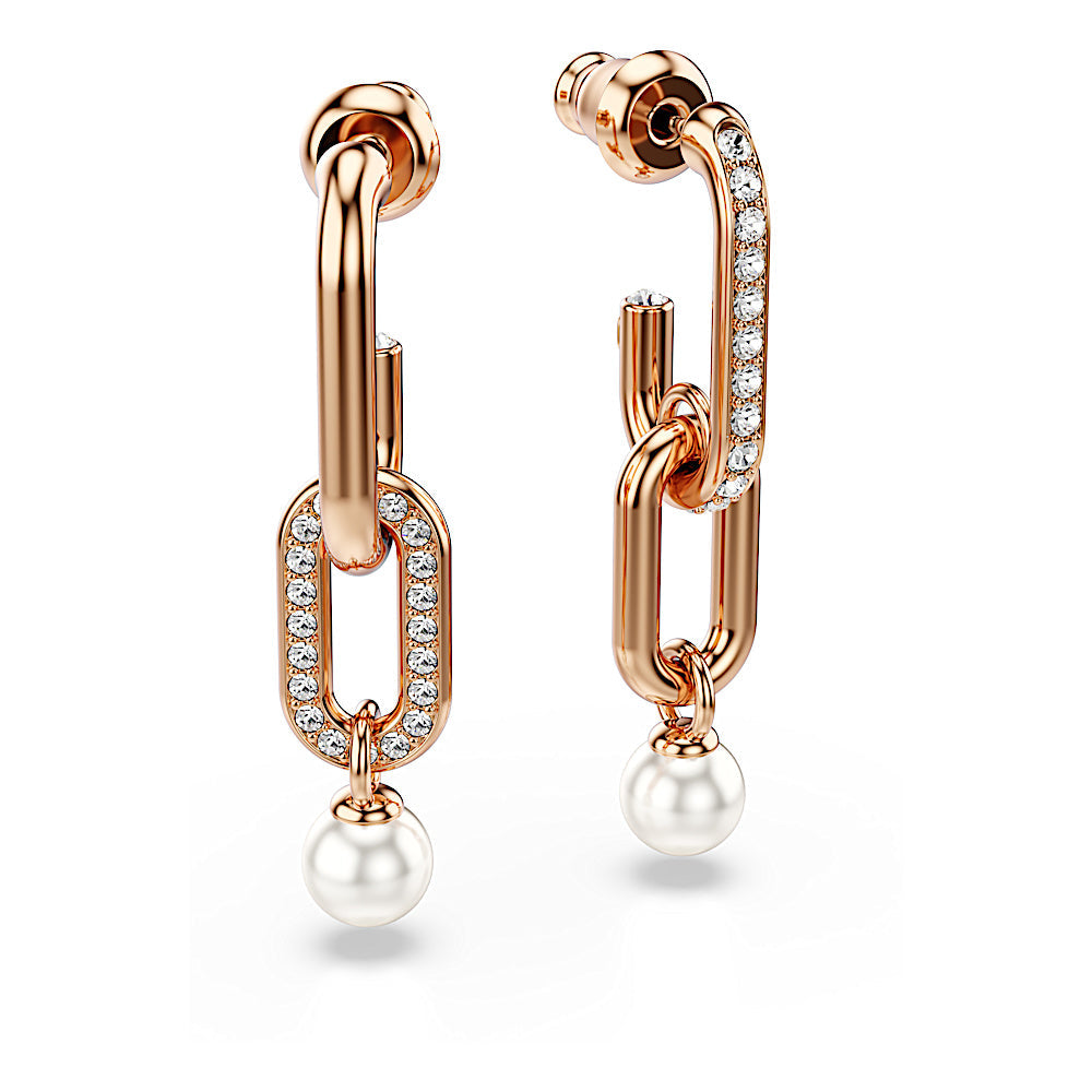 Pendientes Constella, Perla de cristal, Talla redonda, Blancos, Baño tono oro rosa