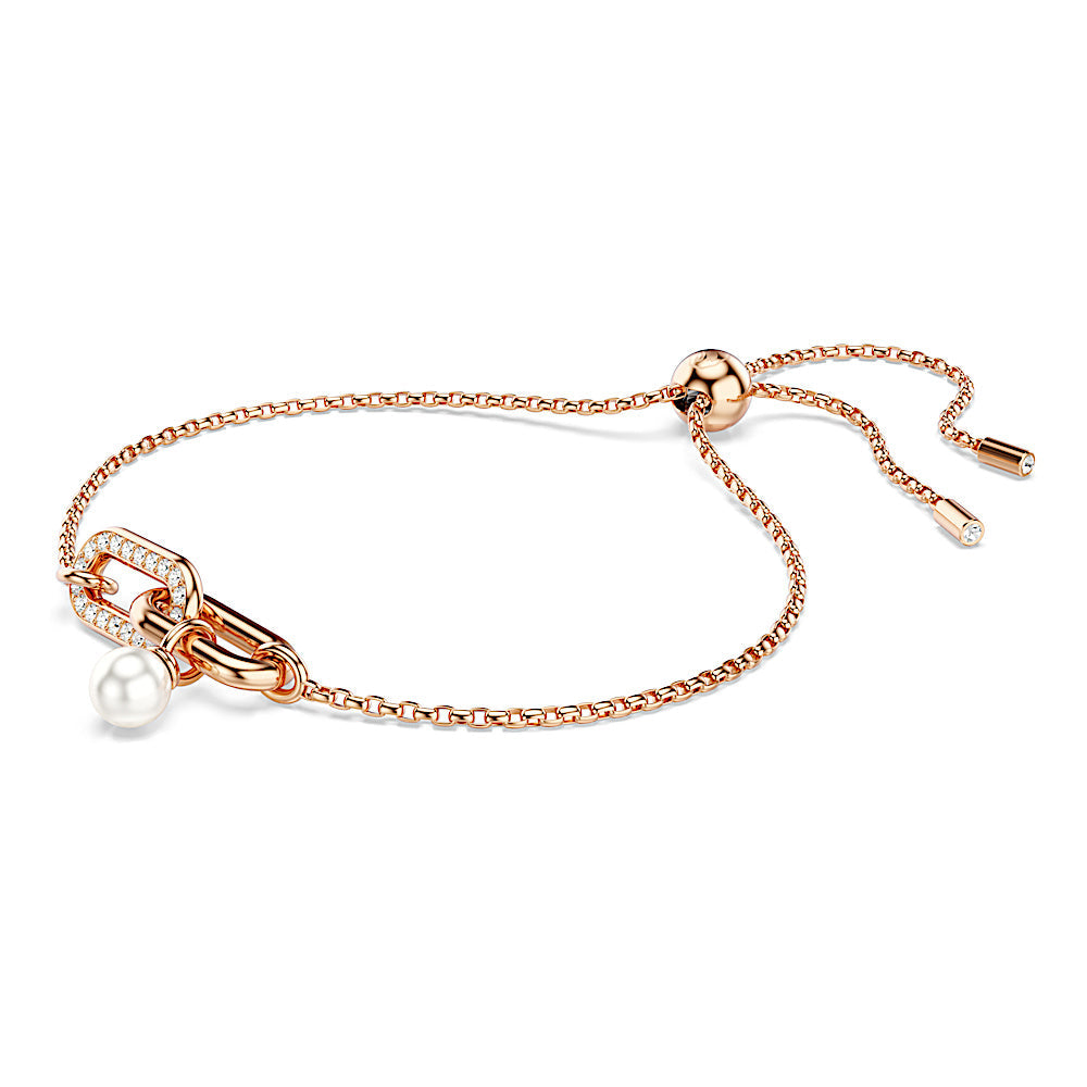Pulsera Constella, Perla de cristal, Talla redonda, Blanca, Baño tono oro rosa