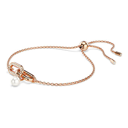 Pulsera Constella, Perla de cristal, Talla redonda, Blanca, Baño tono oro rosa