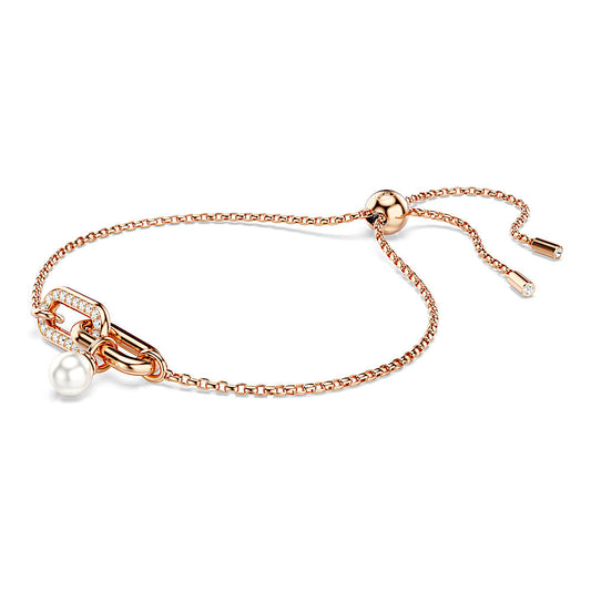 Pulsera Constella, Perla de cristal, Talla redonda, Blanca, Baño tono oro rosa