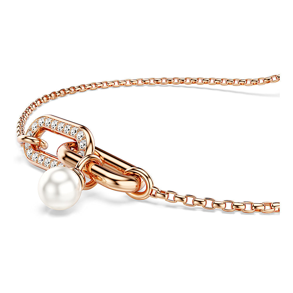 Pulsera Constella, Perla de cristal, Talla redonda, Blanca, Baño tono oro rosa