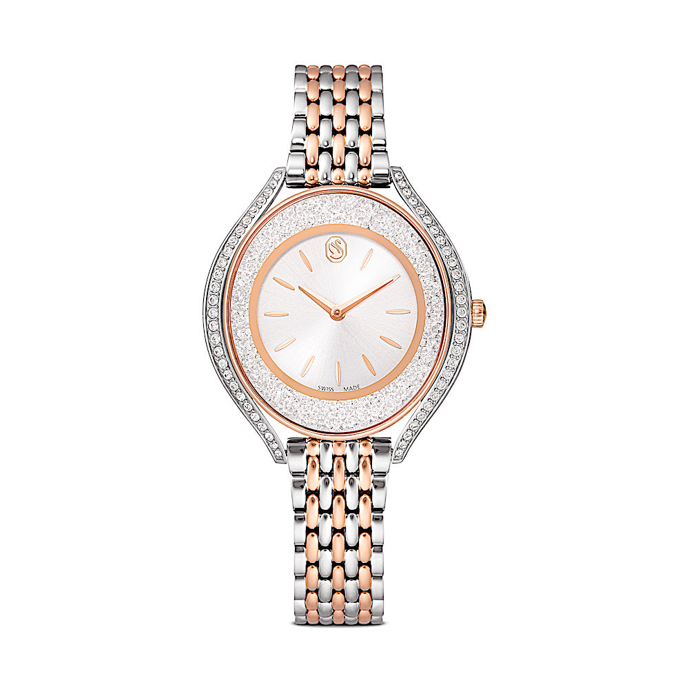 Reloj Crystalline aura, Fabricado en Suiza, Brazalete de metal, Tono oro rosa, Combinación de acabados metálicos
