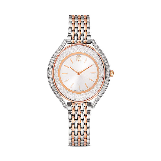 Reloj Crystalline aura, Fabricado en Suiza, Brazalete de metal, Tono oro rosa, Combinación de acabados metálicos