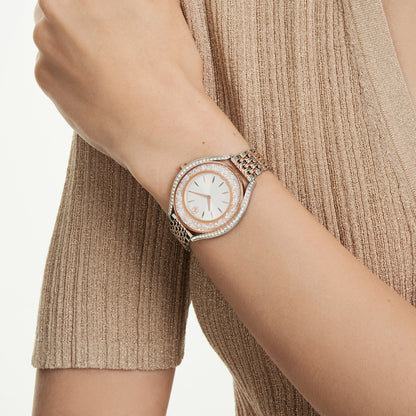 Reloj Crystalline aura, Fabricado en Suiza, Brazalete de metal, Tono oro rosa, Combinación de acabados metálicos