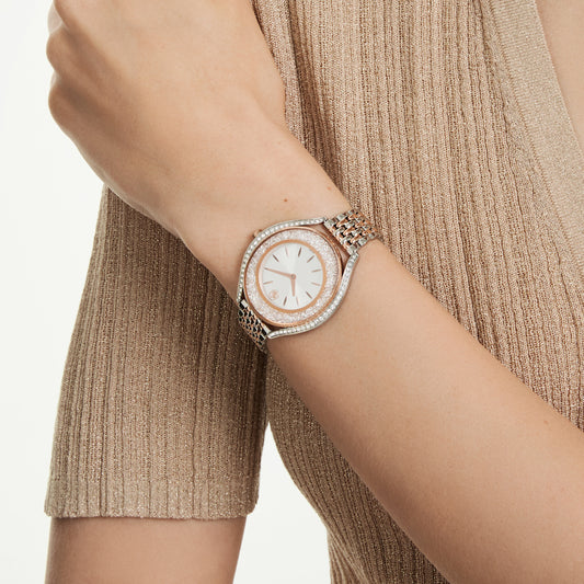 Reloj Crystalline aura, Fabricado en Suiza, Brazalete de metal, Tono oro rosa, Combinación de acabados metálicos