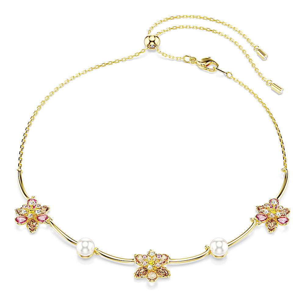 Collar Idyllia, Perla de cristal, Tallas mixtas, Flor, Multicolor, Baño tono oro