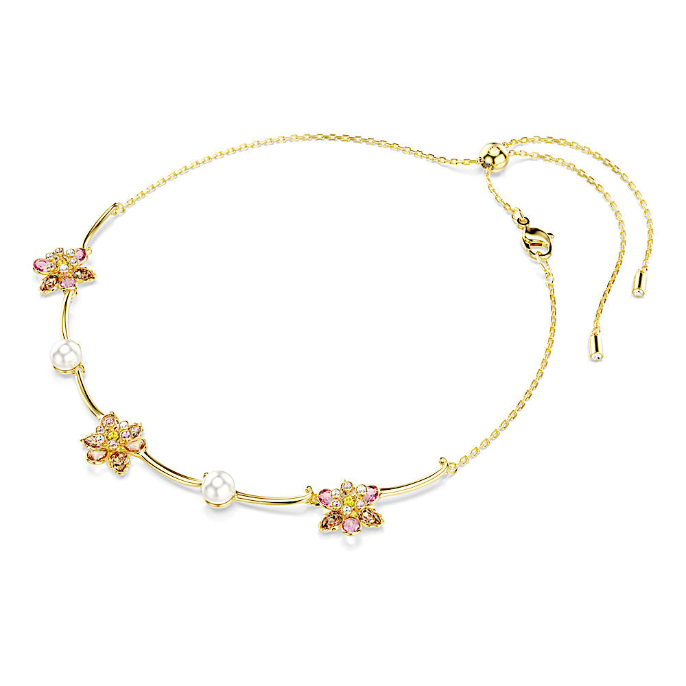 Collar Idyllia, Perla de cristal, Tallas mixtas, Flor, Multicolor, Baño tono oro