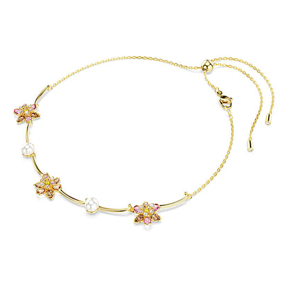 Collar Idyllia, Perla de cristal, Tallas mixtas, Flor, Multicolor, Baño tono oro