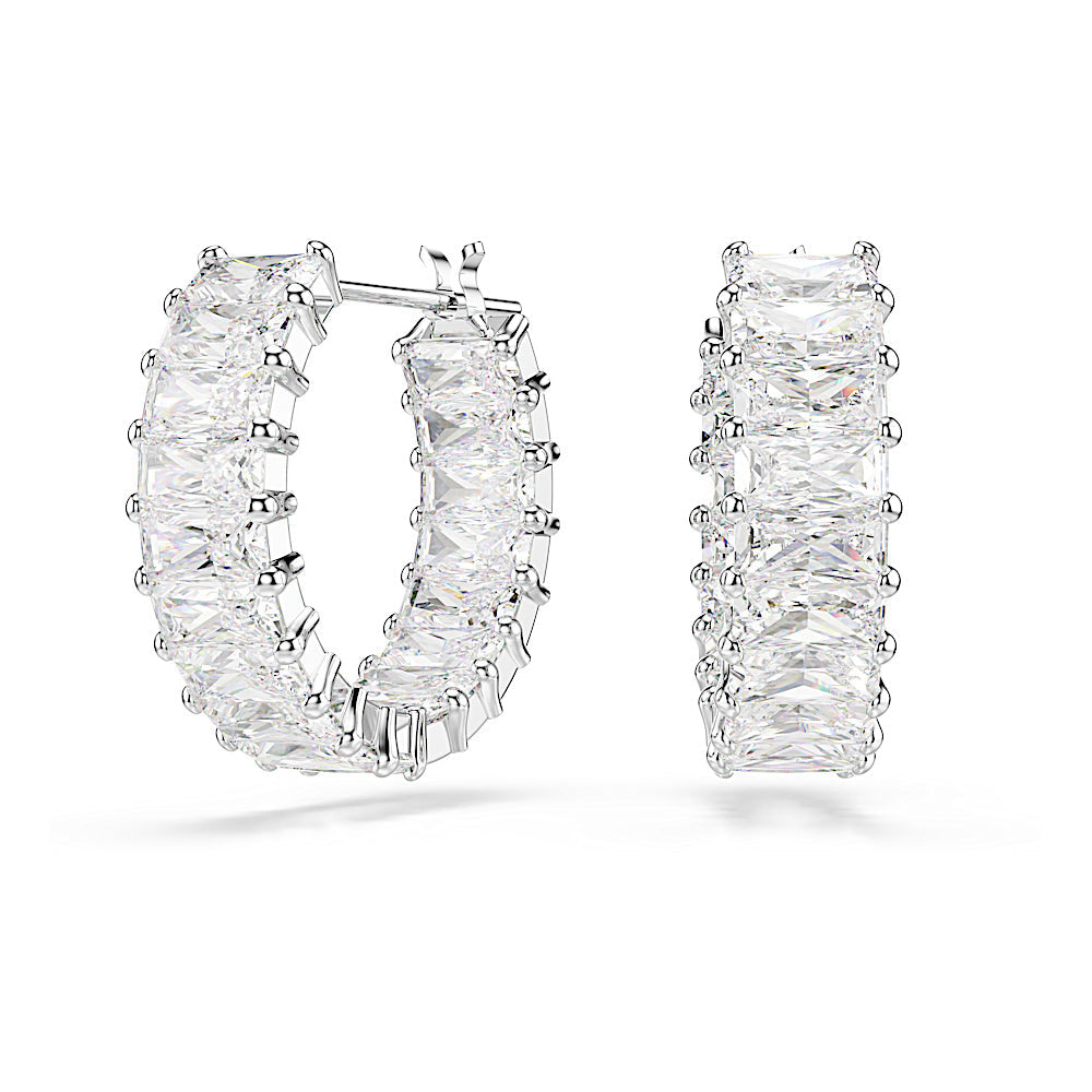 Pendientes de aro Matrix, Talla baguette, Blancos, Baño de rodio