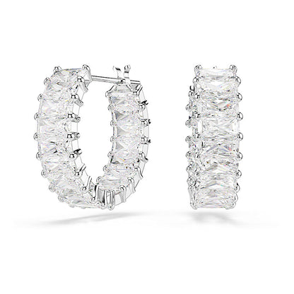 Pendientes de aro Matrix, Talla baguette, Blancos, Baño de rodio