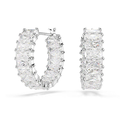 Pendientes de aro Matrix, Talla baguette, Blancos, Baño de rodio