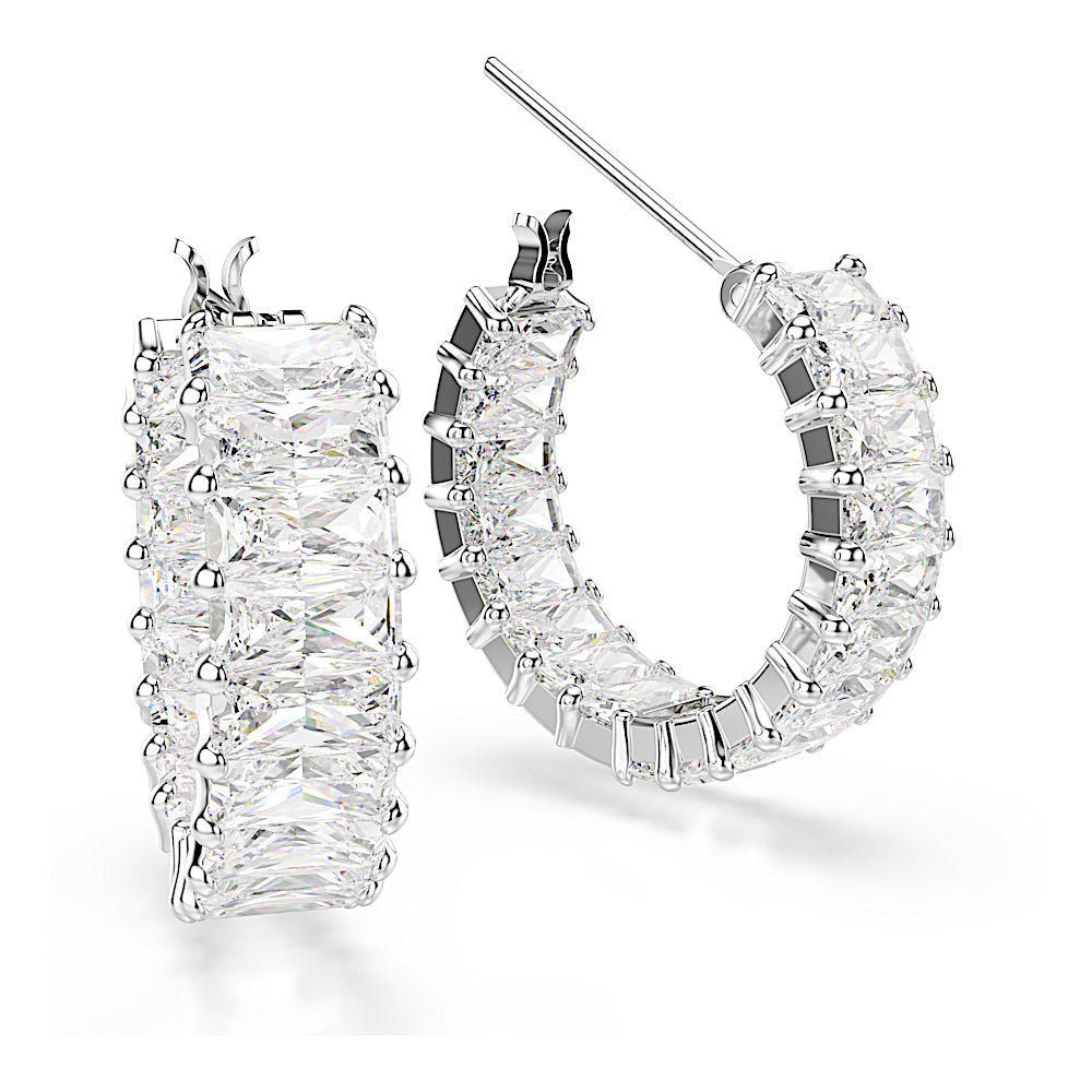 Pendientes de aro Matrix, Talla baguette, Blancos, Baño de rodio