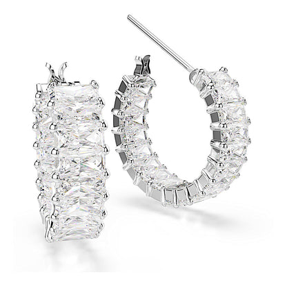Pendientes de aro Matrix, Talla baguette, Blancos, Baño de rodio
