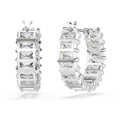 Pendientes de aro Matrix, Talla baguette, Blancos, Baño de rodio