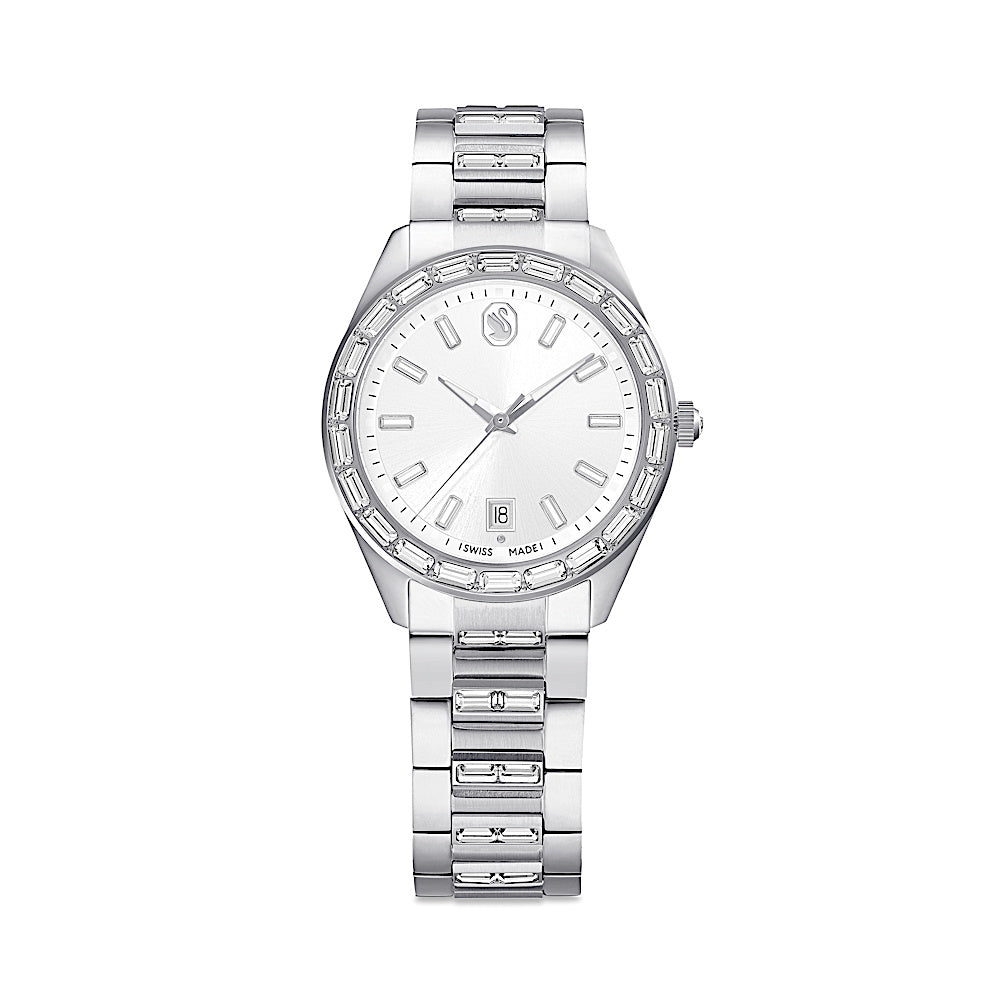Reloj Matrix date, Fabricado en Suiza, Brazalete de metal, Tono plateado, Acero inoxidable