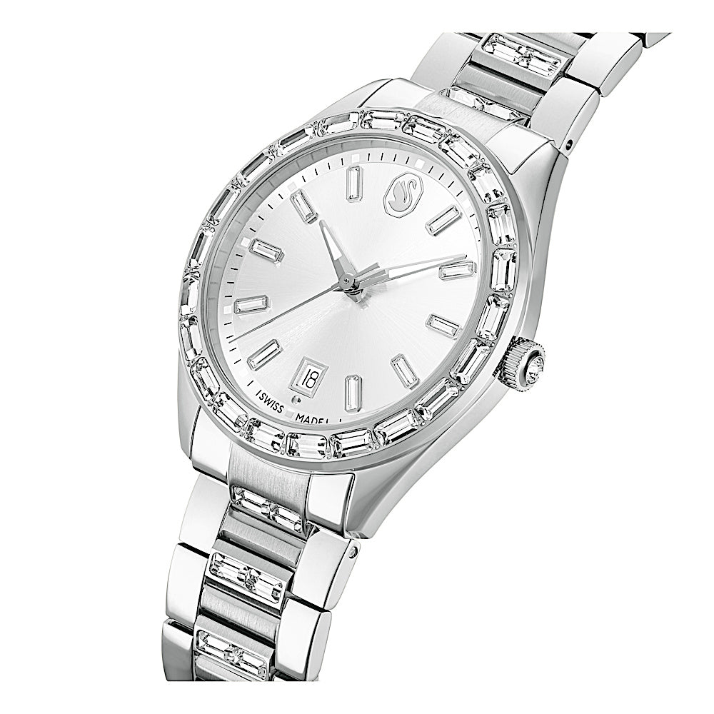Reloj Matrix date, Fabricado en Suiza, Brazalete de metal, Tono plateado, Acero inoxidable