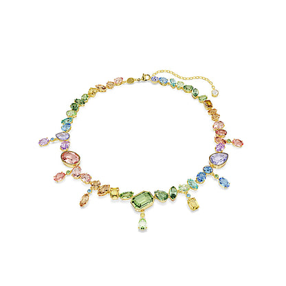 Collar Gema, Tallas mixtas, Cristales colgantes, Multicolor, Baño tono oro
