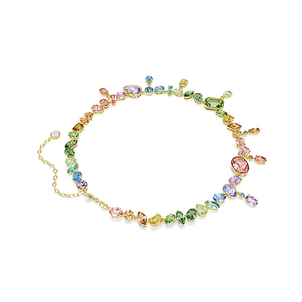 Collar Gema, Tallas mixtas, Cristales colgantes, Multicolor, Baño tono oro
