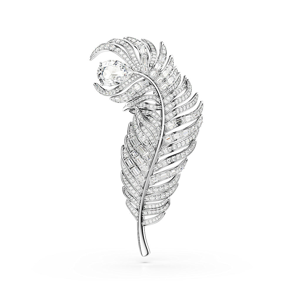 Broche Vienna, Tallas mixtas, Pluma, Blanco, Baño de rodio
