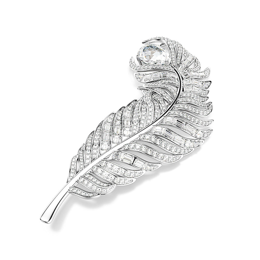Broche Vienna, Tallas mixtas, Pluma, Blanco, Baño de rodio