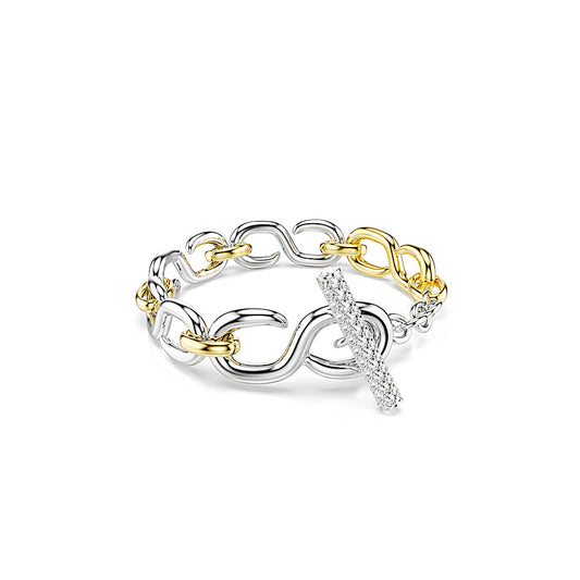 Pulsera Dextera, Talla redonda, Cierre de barra en T, Blanca, Combinación de acabados metálicos