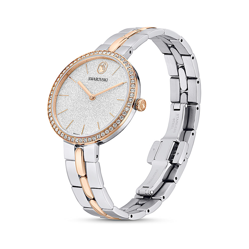 Reloj Cosmopolitan, Fabricado en Suiza, Brazalete de metal, Tono plateado, Combinación de acabados metálicos