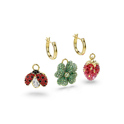 Pendientes Idyllia, Conjunto (3), Mariquita, trébol, fresa, Multicolores, Baño tono oro