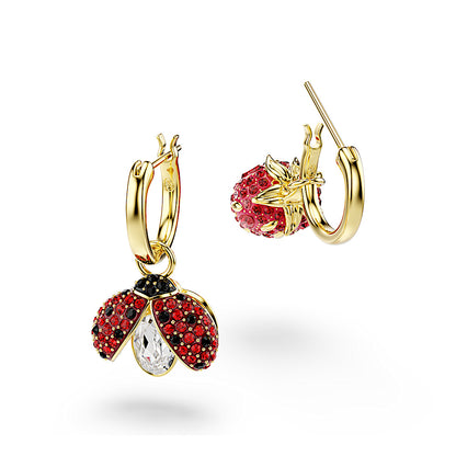 Pendientes Idyllia, Conjunto (3), Mariquita, trébol, fresa, Multicolores, Baño tono oro