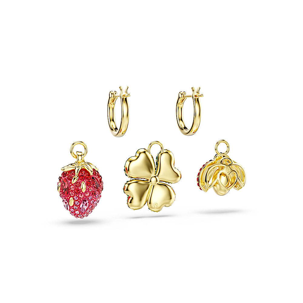 Pendientes Idyllia, Conjunto (3), Mariquita, trébol, fresa, Multicolores, Baño tono oro