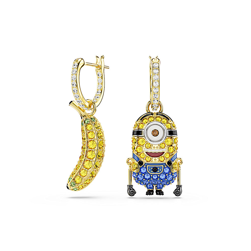 Pendientes de aro Minions Stuart and Banana, Pavé, Mini, Multicolores, Baño tono oro