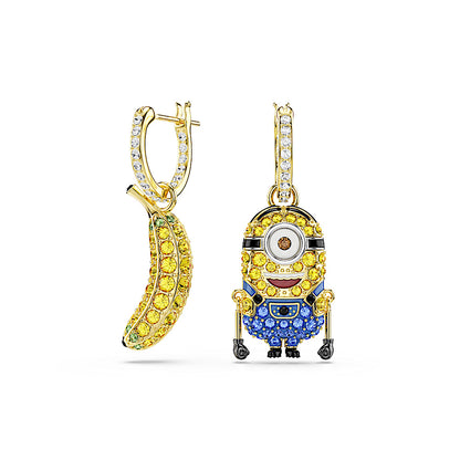 Pendientes de aro Minions Stuart and Banana, Pavé, Mini, Multicolores, Baño tono oro