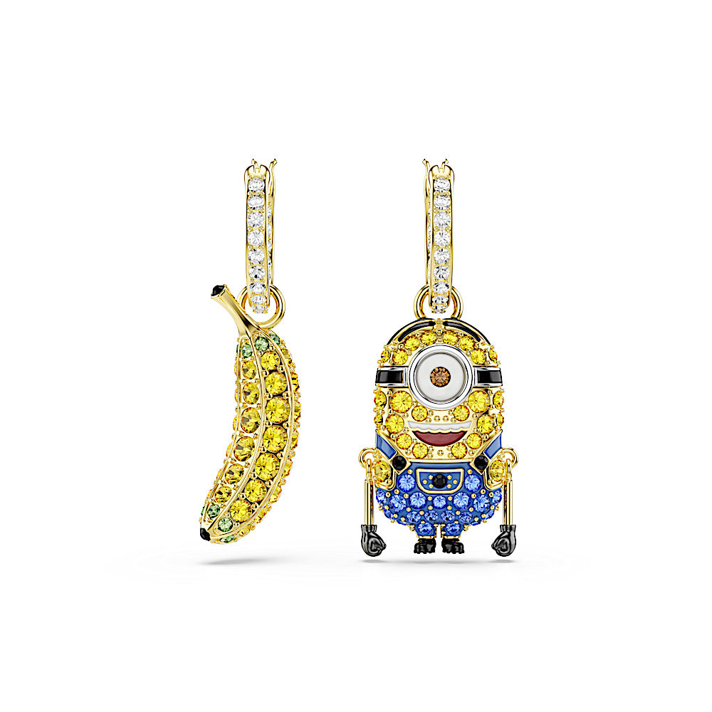 Pendientes de aro Minions Stuart and Banana, Pavé, Mini, Multicolores, Baño tono oro