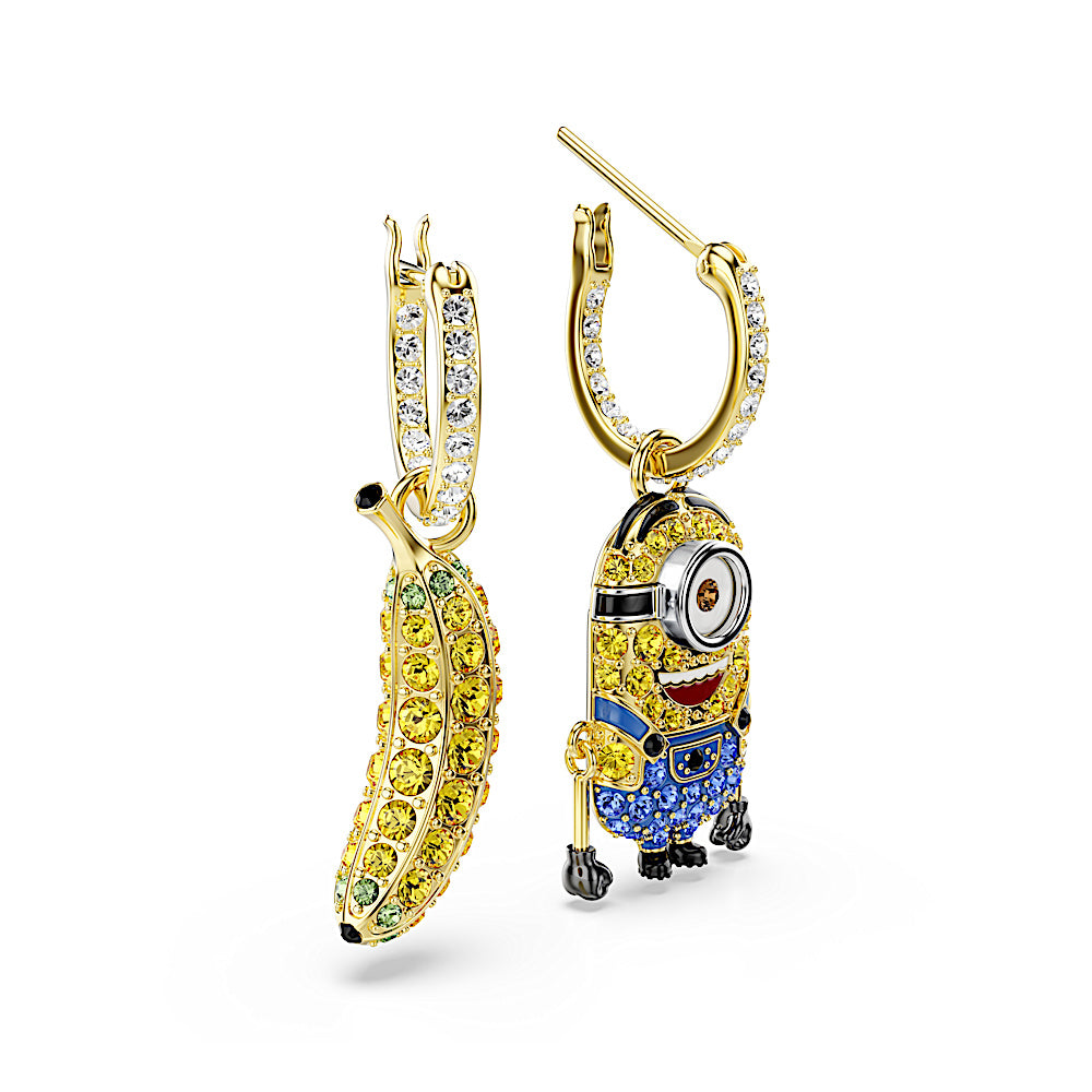 Pendientes de aro Minions Stuart and Banana, Pavé, Mini, Multicolores, Baño tono oro