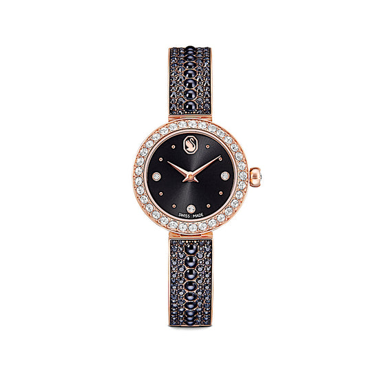 Reloj Matrix pearl bangle, Fabricado en Suiza, Pulsera de cristal, Negro, Acabado tono oro rosa