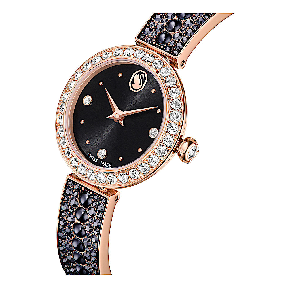 Reloj Matrix pearl bangle, Fabricado en Suiza, Pulsera de cristal, Negro, Acabado tono oro rosa