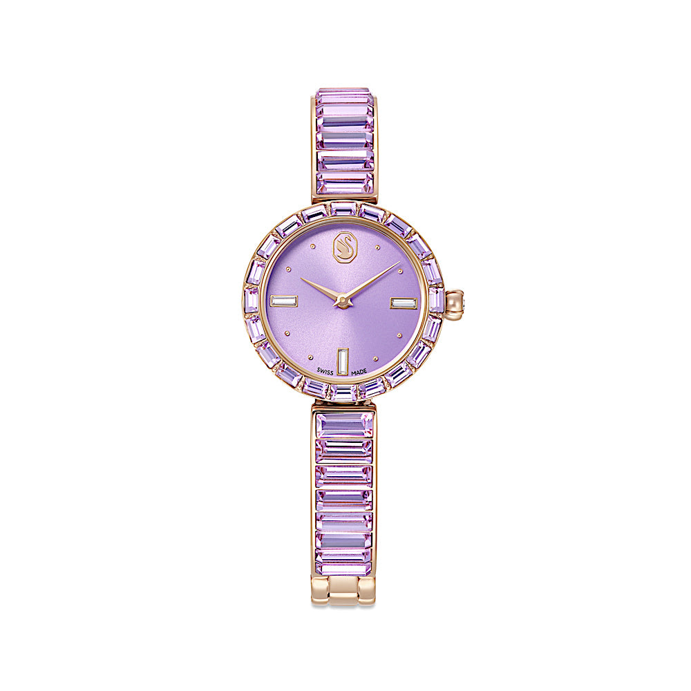 Reloj Matrix bangle, Fabricado en Suiza, Pulsera de cristal, Morado, Acabado tono oro champán