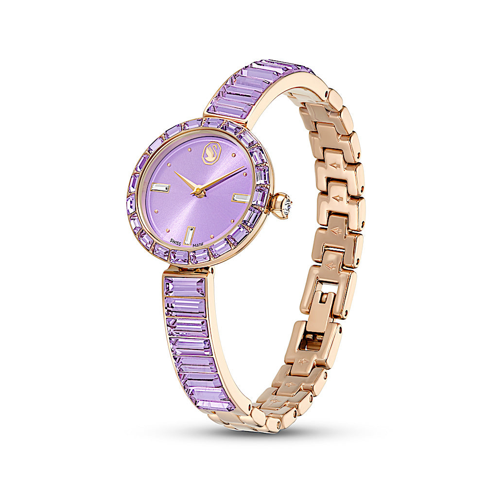 Reloj Matrix bangle, Fabricado en Suiza, Pulsera de cristal, Morado, Acabado tono oro champán