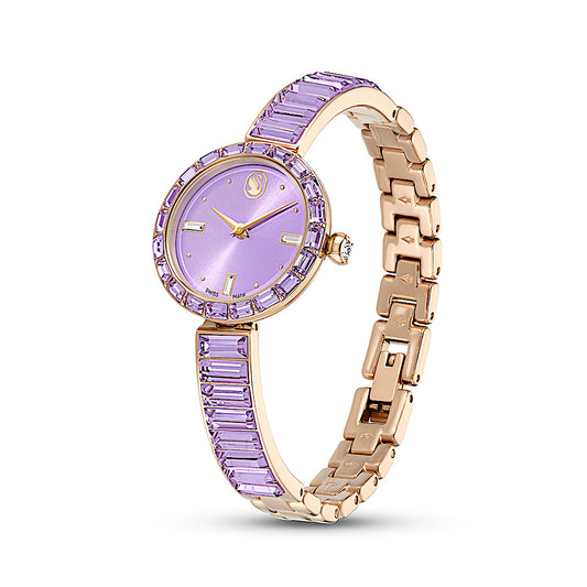 Reloj Matrix bangle, Fabricado en Suiza, Pulsera de cristal, Morado, Acabado tono oro champán