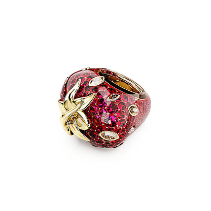 Anillo con motivo Idyllia, Tallas mixtas, Fresa, Rojo, Baño tono oro