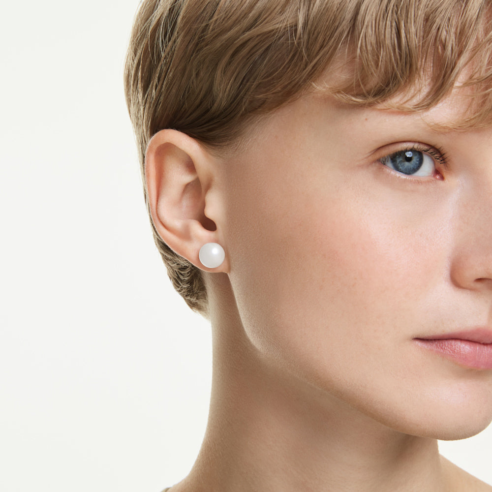 Pendientes de botón Matrix, Perla de cristal, Blancos, Baño de rodio