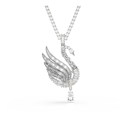 Colgante y broche Vienna, Tallas mixtas, Cisne, Blancos, Baño de rodio