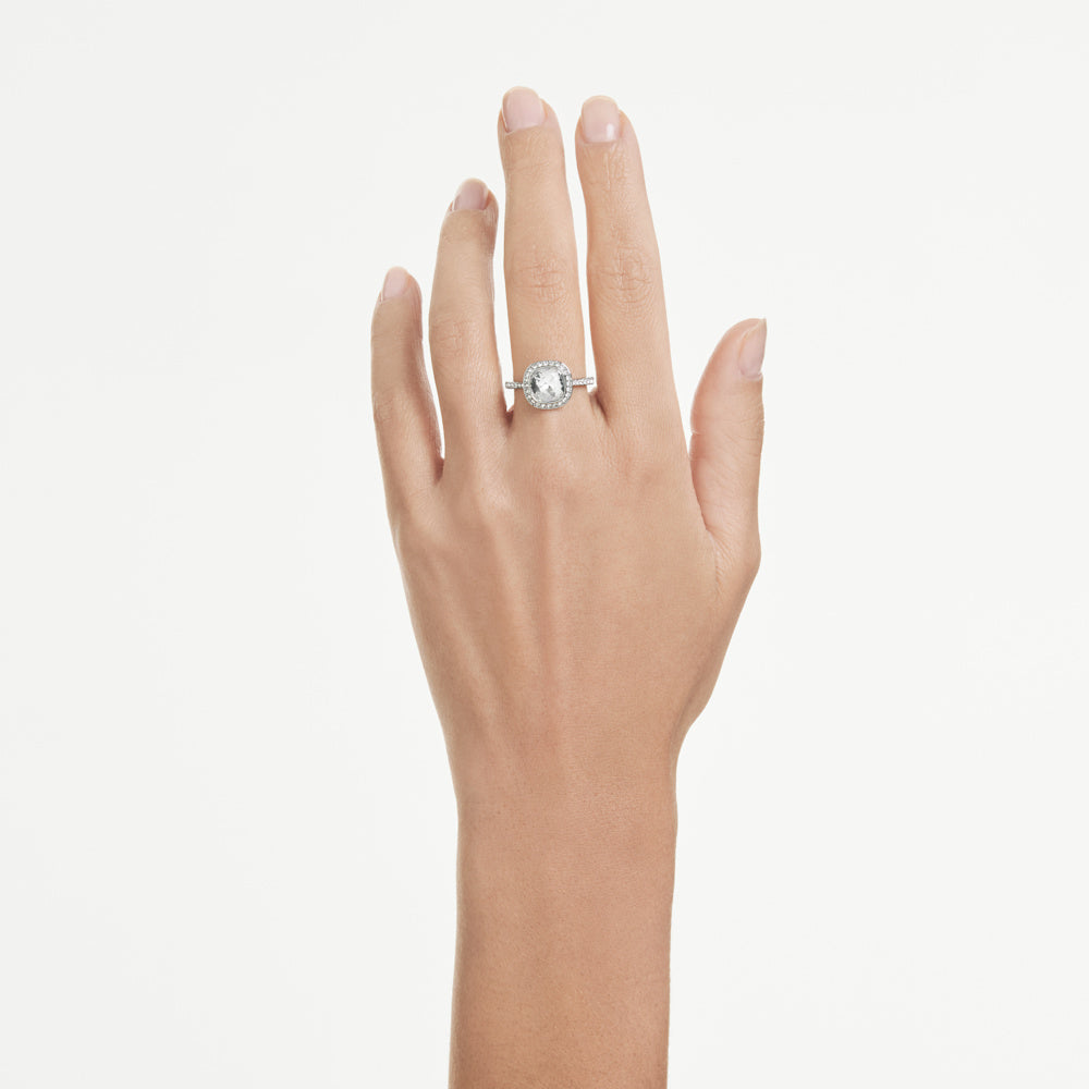 Anillo con halo Una Angelic, Talla cojin, Blanco, Baño de rodio