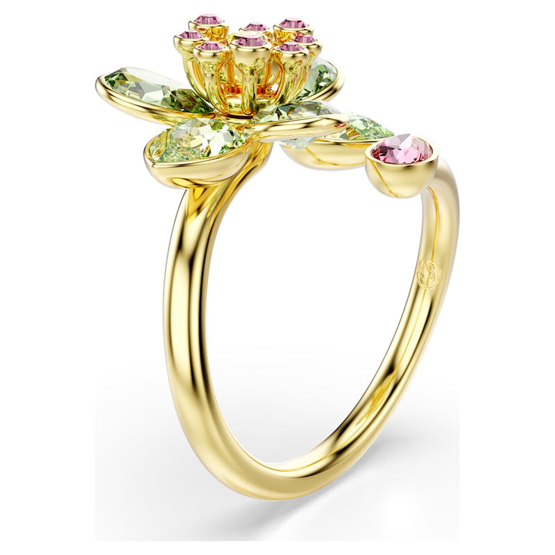 Anillo abierto Idyllia Tallas mixtas, Flor, Verde, Baño tono oro