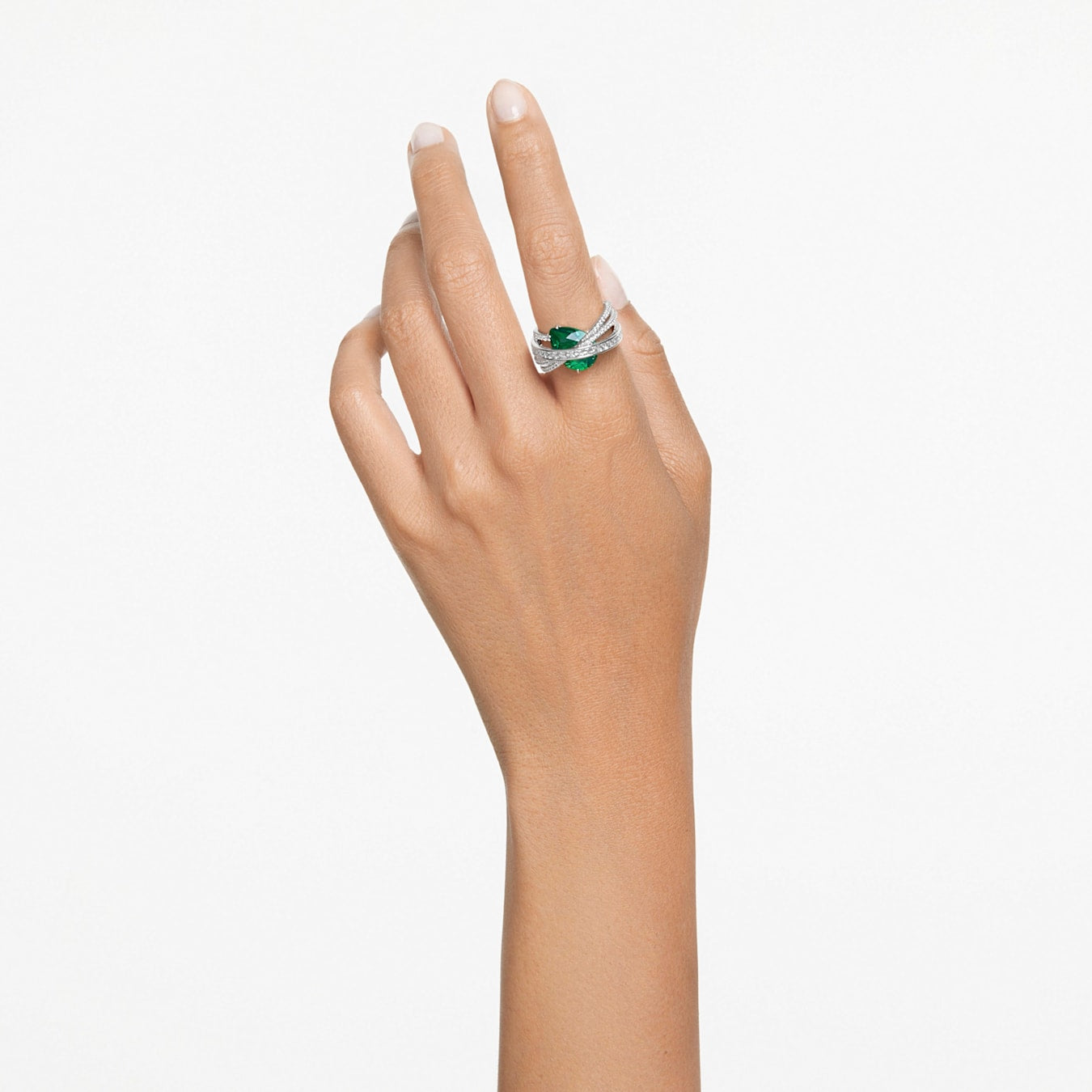 Anillo de cóctel Hyperbola, Circonita neutra en carbono, Tallas mixtas, Cuatro bandas, Verde, Baño de rodio
