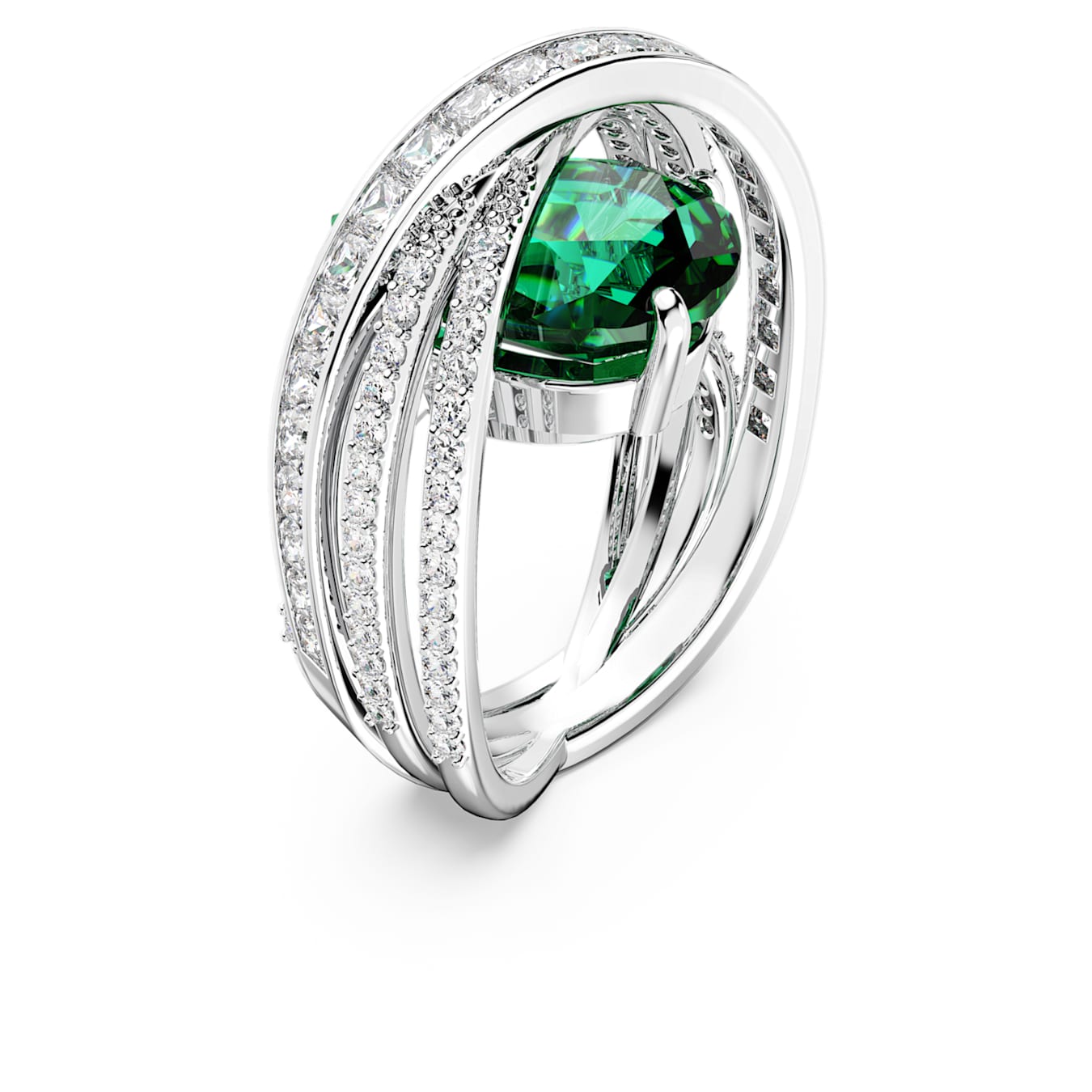 Anillo de cóctel Hyperbola, Circonita neutra en carbono, Tallas mixtas, Cuatro bandas, Verde, Baño de rodio