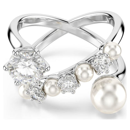 Anillo de cóctel Matrix Perla de cristal, Talla redonda, Blanco, Baño de rodio