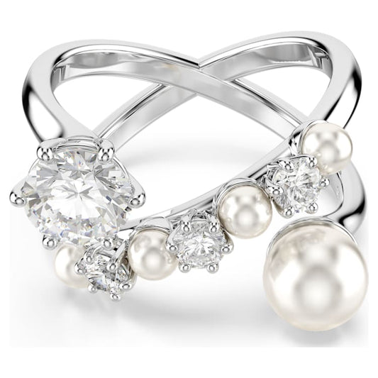 Anillo de cóctel Matrix Perla de cristal, Talla redonda, Blanco, Baño de rodio
